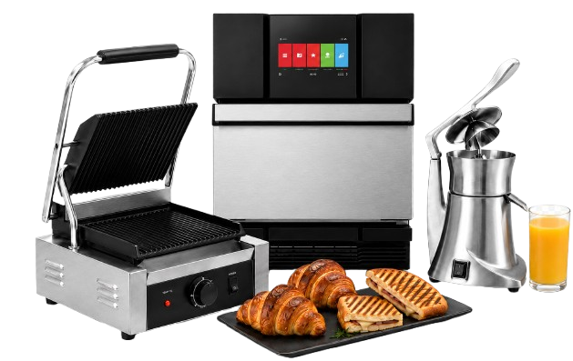 Composizione di attrezzature professionali per bar con piastra panini, forno e spremiagrumi